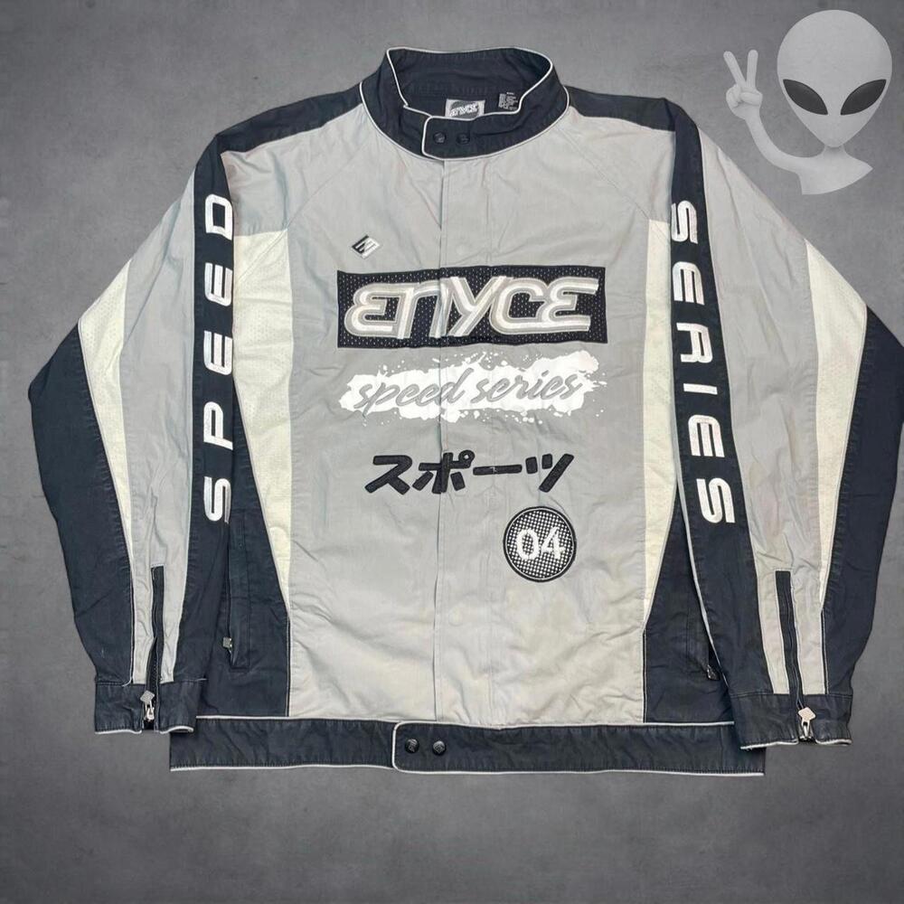 Vintage Enyce Speed Series Racing Jacket Mens 2XL Grey Navy Y2K Hip Hop Cyber
